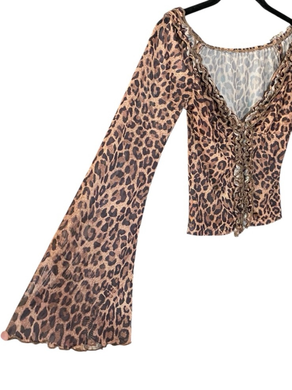 Y2K Leopard Mesh Top XS Off Shoulder Bell Sleeve Fairy Grunge Indie Sleaze - Picture 4 of 11